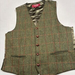 Pitlochry Vest Mens Large Green Pure New Wool Herringbone Plaid Made in Scotland